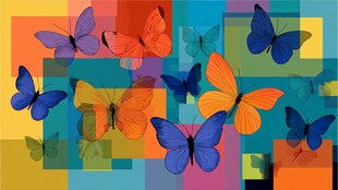 多彩蝴蝶在几何背景飞舞