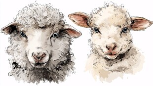 两只可爱小羊的水彩画像