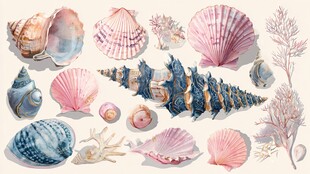 多彩贝壳与海洋植物集合