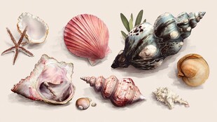 多彩贝壳与海星的海洋组合