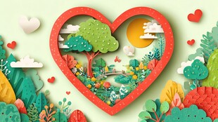 心形纸艺中的梦幻自然景观