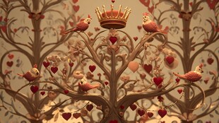 皇冠树与爱心小鸟装饰