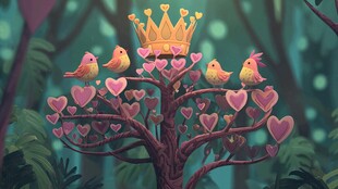 爱心树上的皇冠与小鸟