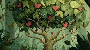 爱心树上的鸟儿与绿植