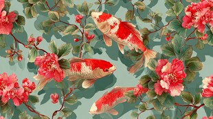锦鲤戏花中式风图案