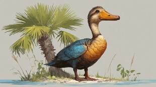 奇异彩鸭立于棕榈旁