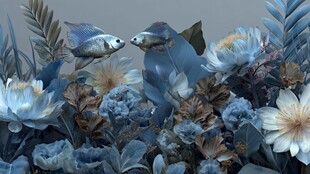 蓝调花卉间的灵动金鱼