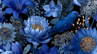 蓝色梦幻花鸟花卉图案