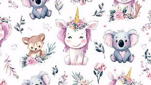 可爱动物花卉水彩无缝图案