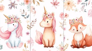 可爱动物花卉插画图案