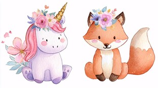 独角兽与狐狸的花卉装扮