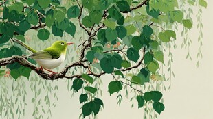 枝头绿鸟栖于葱郁枝叶间