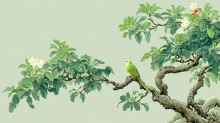 枝头绿鹦 繁花相伴