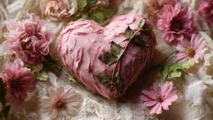 粉色心形装饰与烂漫花朵