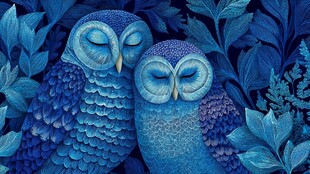 双蓝猫头鹰依偎于叶间