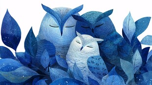 三只蓝猫头鹰依偎在叶间