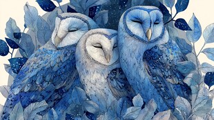 三只蓝调猫头鹰栖于叶间