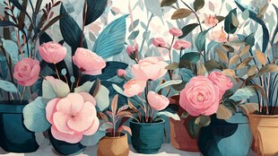 多彩盆栽花卉艺术插画