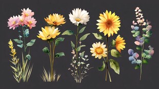 手绘多彩花卉植物插画