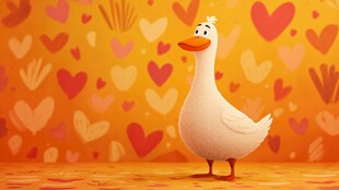 爱心背景前的可爱白鹅