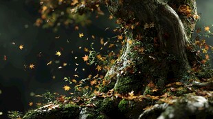 秋树下落叶纷飞的静谧景象