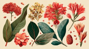 多彩花卉与绿叶插画素材