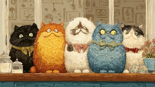 五只萌猫齐聚温馨小角落