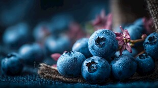 新鲜带露蓝莓与小花