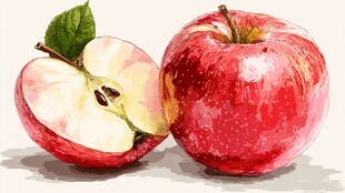 水彩绘红苹果与半切果