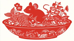 鼠年剪纸 鱼鼠共贺吉祥景