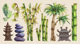 中式园林元素手绘插画