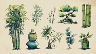 中式绿植盆栽手绘集合