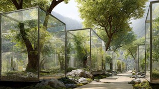 玻璃框中的奇幻森林景观
