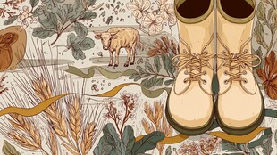 田园风靴子与自然元素插画