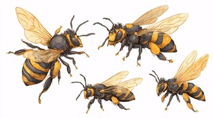 四只姿态各异的蜜蜂插画
