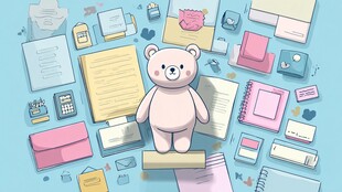 小熊置身多彩文具办公用品中