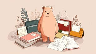小熊置身书籍文件之中
