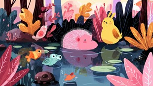 森林池塘中的动物欢乐聚会