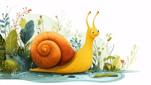 黄色蜗牛在绿植环绕的水边