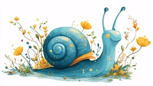 蓝色蜗牛漫步花丛间