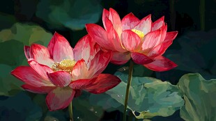 两朵娇艳盛开的红荷花