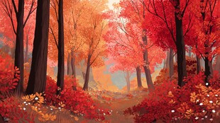 秋日红叶森林梦幻景致