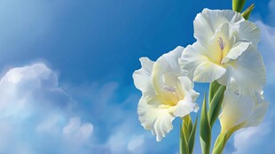 蓝天白云下的优雅白剑兰