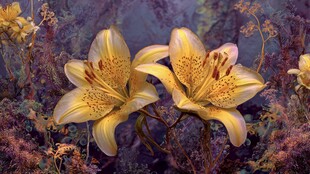 金黄百合花绽放于花丛中