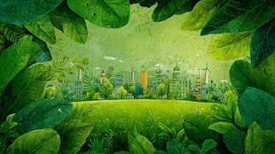 绿叶环绕下的绿色城市景观