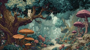 奇幻森林中的动物与蘑菇