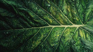 绿叶上晶莹水珠的微观美