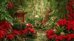 日式花园中的灯笼与花卉