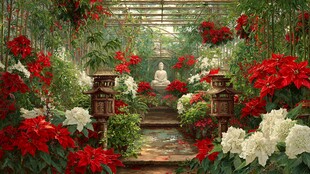 梦幻花园中的静谧佛像景观