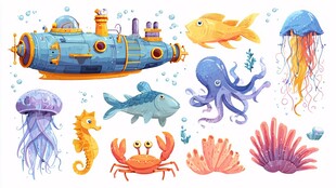 海底生物与潜水艇插画素材
